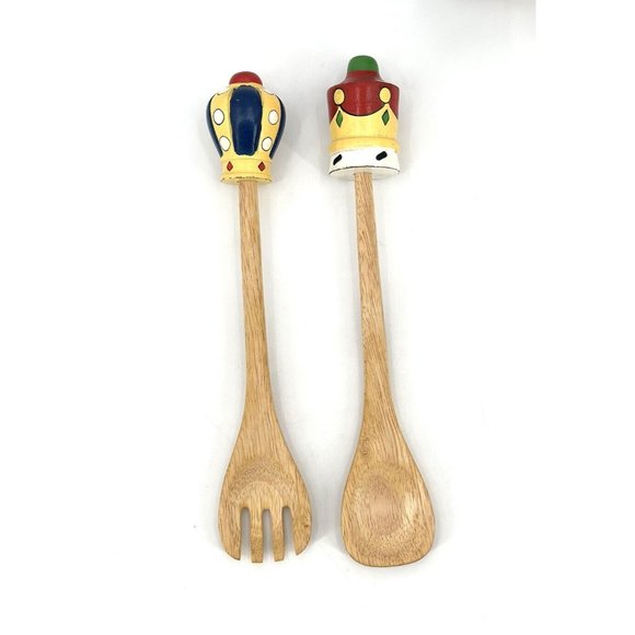 Vintage King & Queen Wooden Salad Serving Set Fork And Spoon Hand Painted Wood - Picture 6 of 9